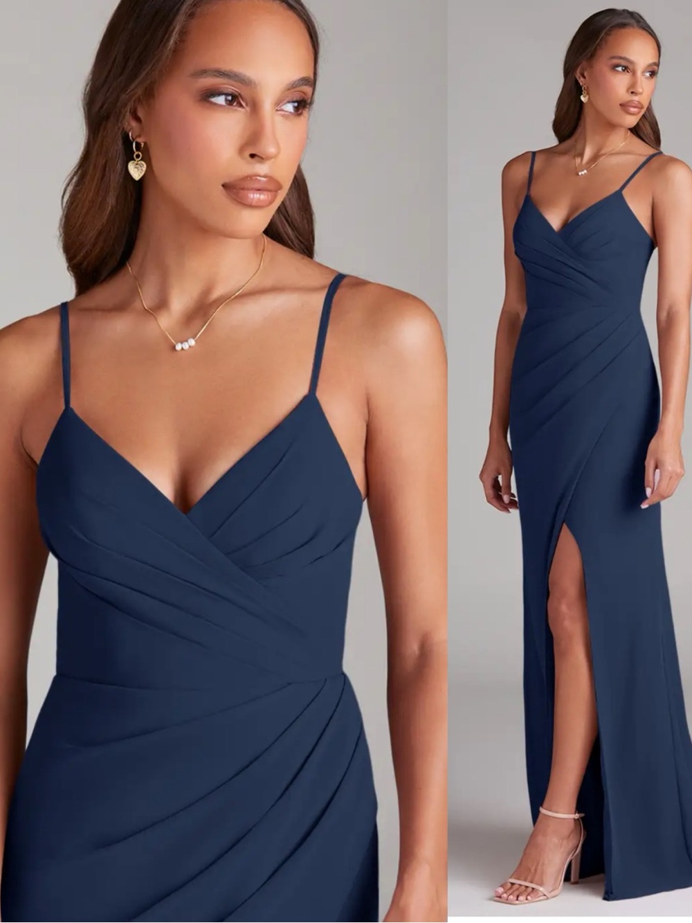 NWT Azazie Dark Navy Sheath Pleated Chiffon Maxi Dress 14 Wedding Event Formal